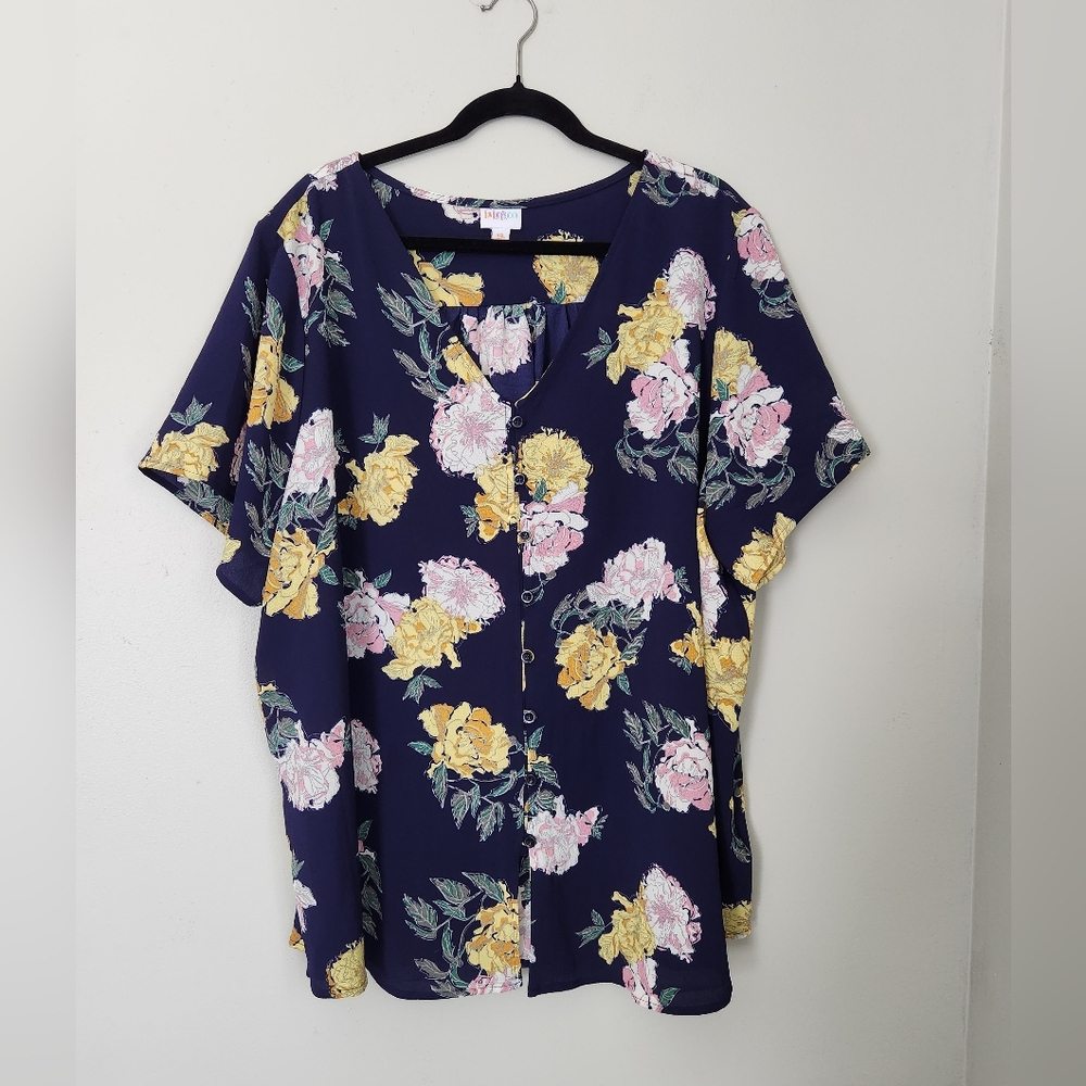 LuLaRue Women's Shannah V-Neck Button Down Blue Floral Shirt